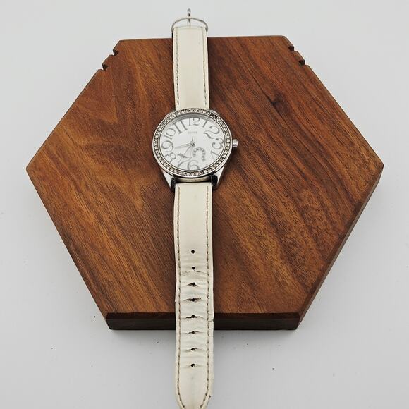 Guess Women's Crystal Halo Silver Tone Watch Whimsical Numbers Cream Band - Picture 4 of 8